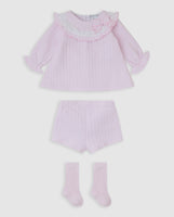 tutto piccolo girls pink ribbed ruffle dress jam pants socks 3 piece set front view