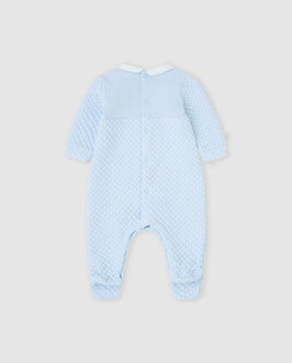 tutto piccolo boys sky blue quilted babygrow rear popper fastening back view