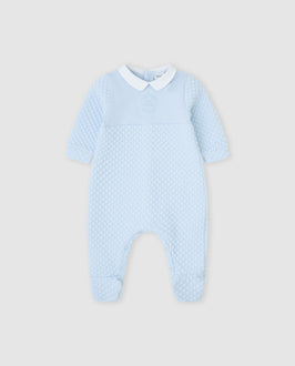 tutto piccolo boys sky blue quilted footed babygrow sleepsuit front view