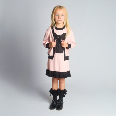 Beau Kid girls pink dress and cardigan set with black bow