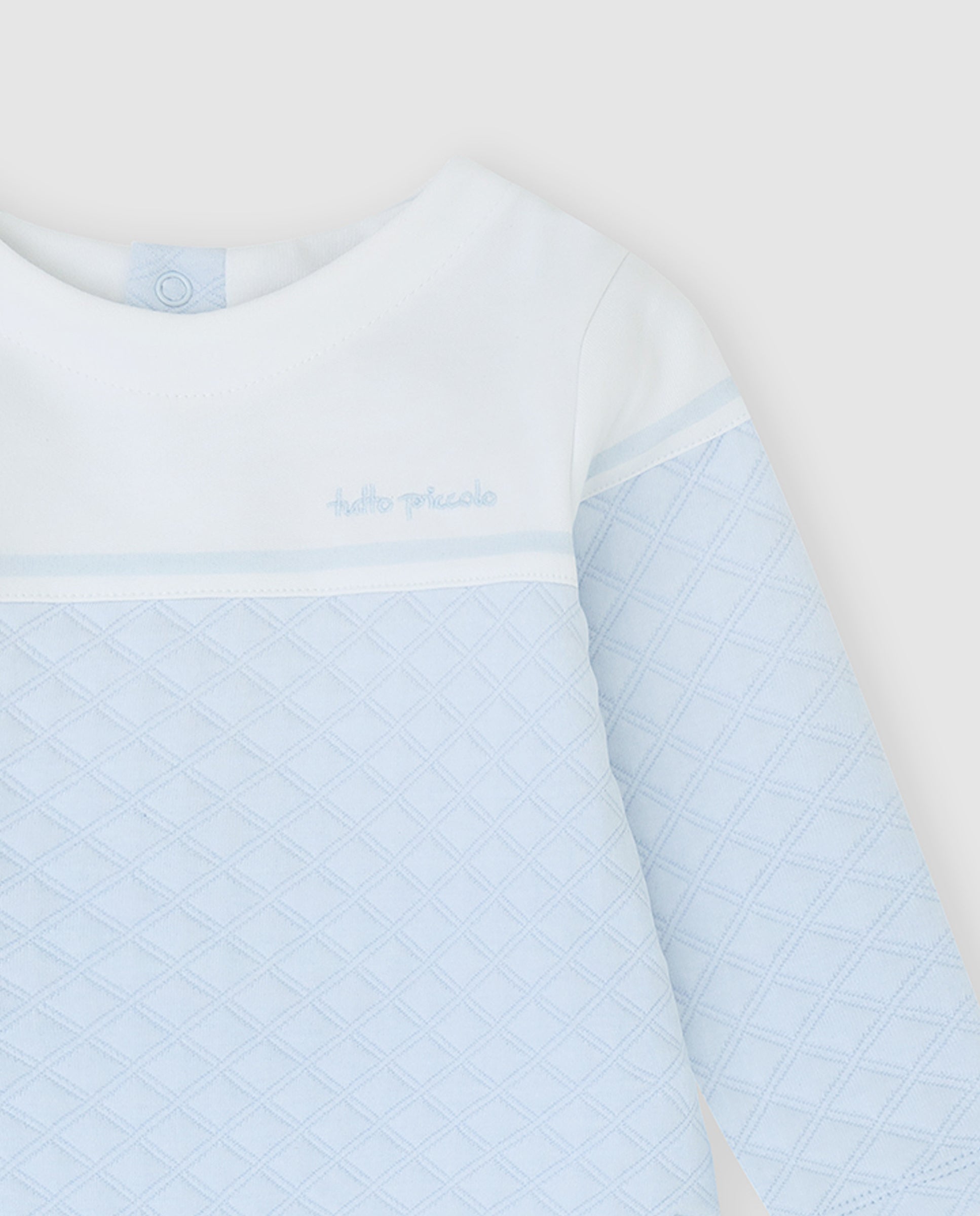 tutto piccolo boys sky blue waffle sweatshirt white yoke embroidered logo close up