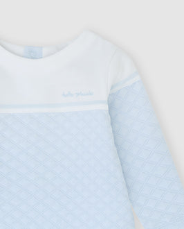 tutto piccolo boys sky blue waffle sweatshirt white yoke embroidered logo close up