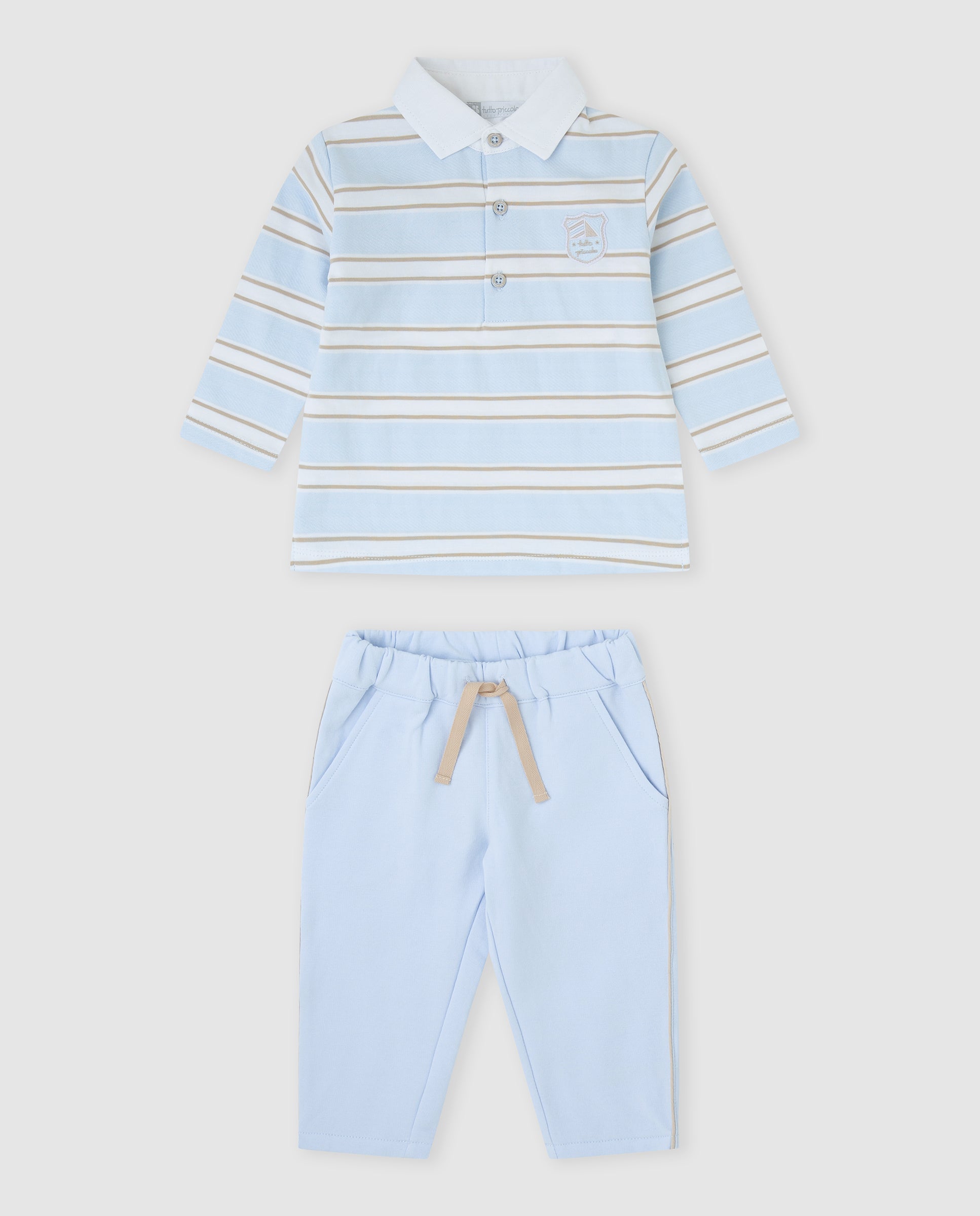 tutto piccolo boys blue and beige stripe polo top trousers set front view