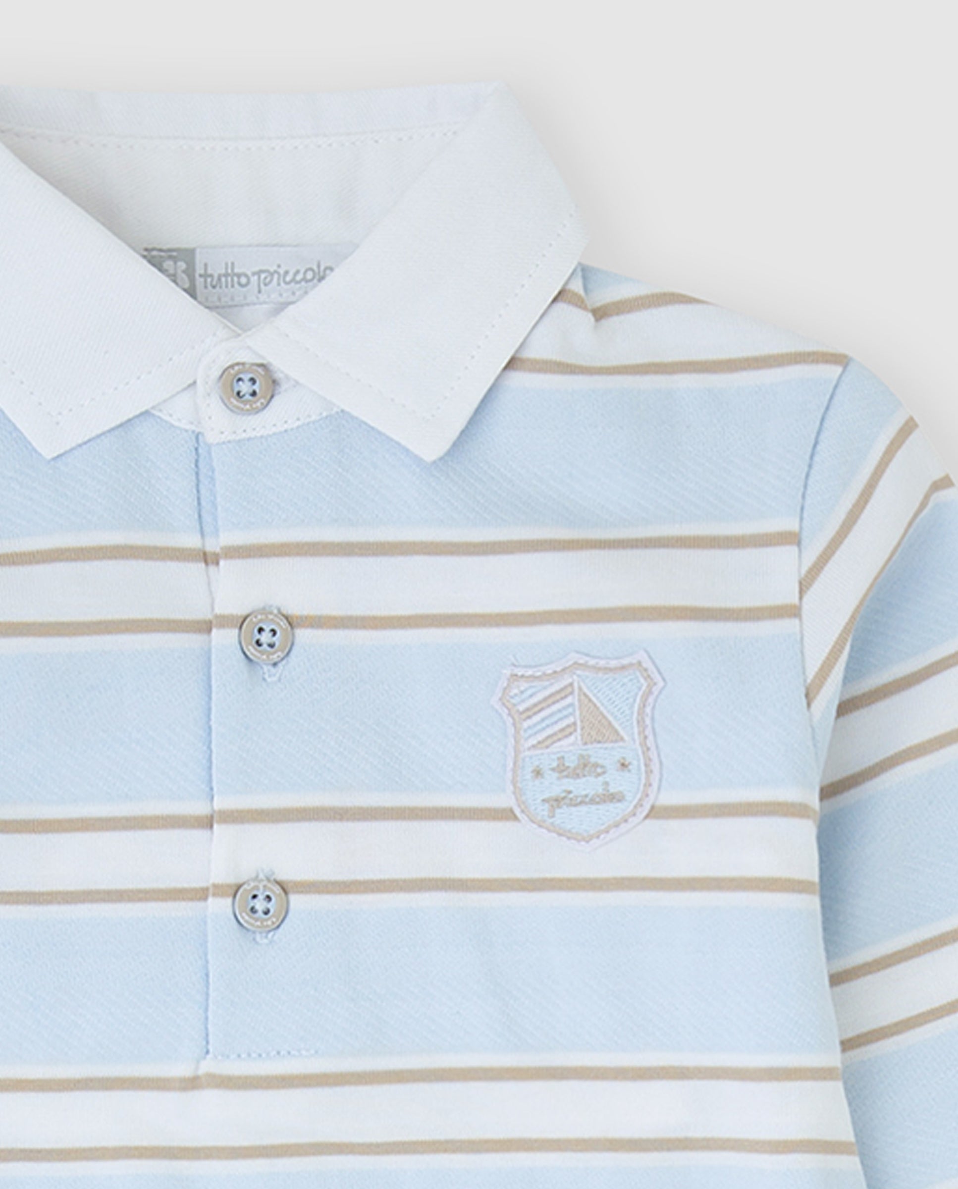 tutto piccolo boys blue beige stripe polo white collar embroidered crest detail close up