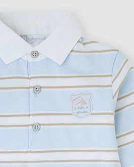 tutto piccolo boys blue beige stripe polo white collar embroidered crest detail close up