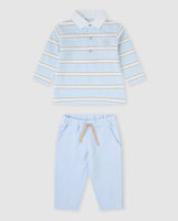 tutto piccolo boys blue and beige stripe polo top trousers set front view