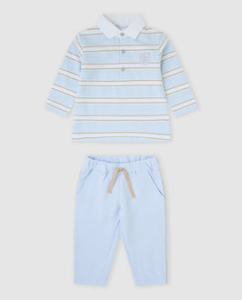 tutto piccolo boys blue and beige stripe polo top trousers set front view