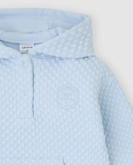 tutto piccolo boys pale blue waffle hoodie button placket and embroidered crest close up