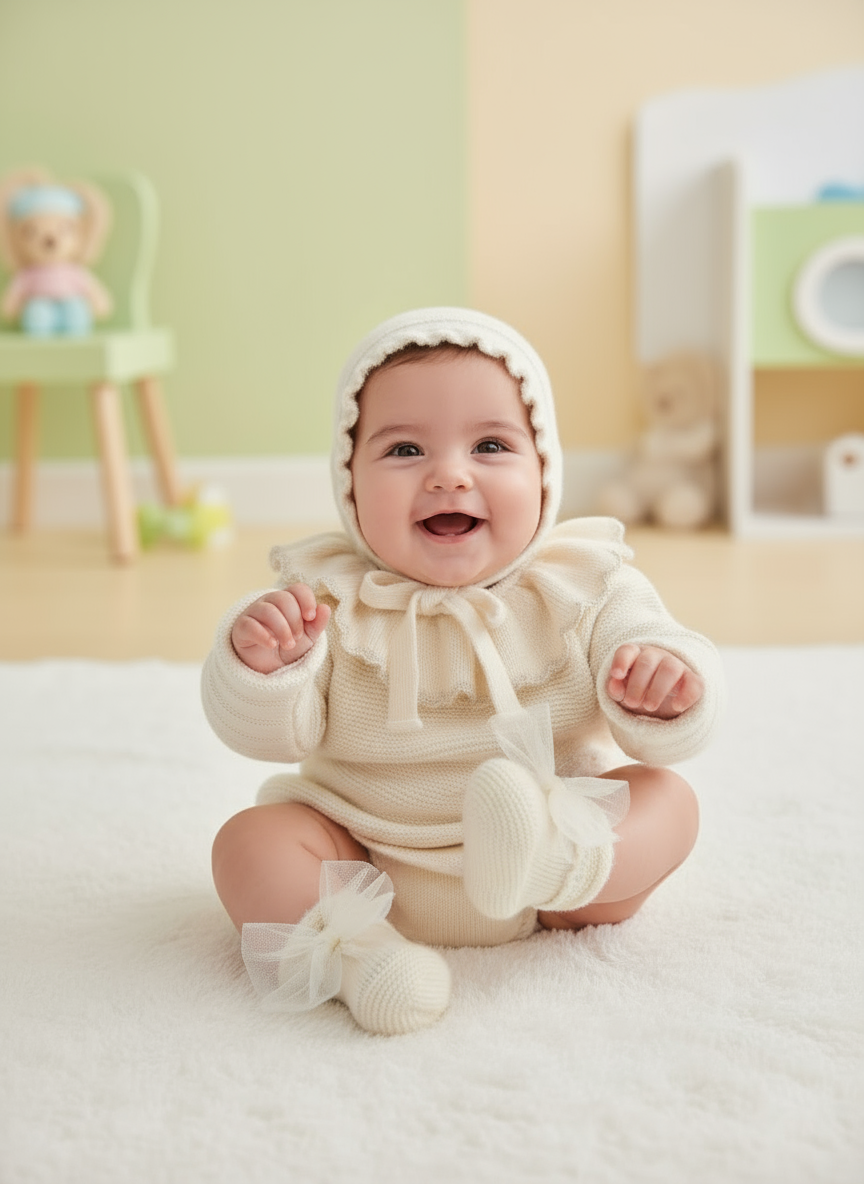 Baby Girls Beige Knitted Sweater with Jam Pants, Bonnet & Booties | Autumn/Winter
