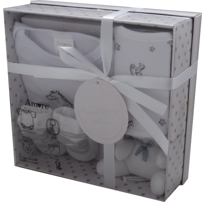 Introducing the perfect baby gift - our Unisex Baby White Four Piece Set! This luxury gift set includes a bodysuit, bib, pair of socks, and a teddy, all conveniently packaged in a beautiful gift box. Ideal for babies 0-3 months, this set is sure to delight any new parent while providing essential items for their little one.
