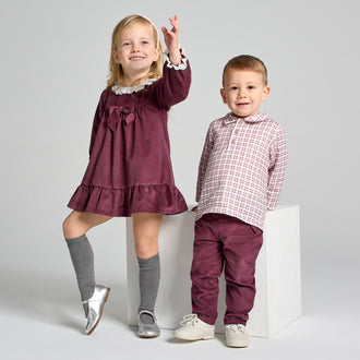 rapife girls burgundy dress with matching boys corduroy outfit sibling view