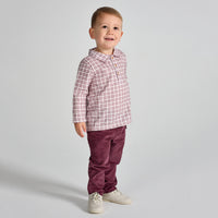 rapife boys burgundy checked shirt corduroy trousers set model full length front view