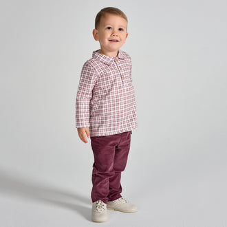 rapife boys burgundy checked shirt corduroy trousers set model full length front view