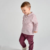 rapife boys burgundy check collar top corduroy trousers model close up standing