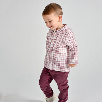 rapife boys burgundy check collar top corduroy trousers model close up standing