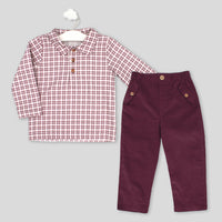rapife boys burgundy check shirt corduroy trousers two piece set flat lay front view