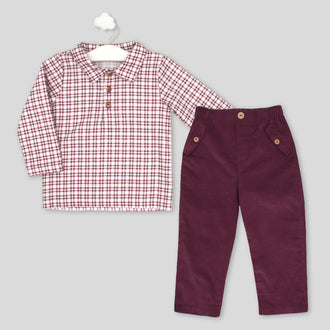 rapife boys burgundy check shirt corduroy trousers two piece set flat lay front view