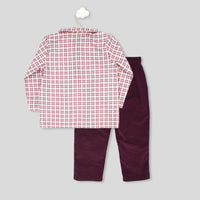 rapife boys burgundy check shirt corduroy trousers two piece set flat lay back view