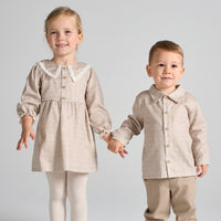 rapife girls brown check dress alongside matching sibling boy outfit view