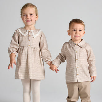 rapife girls brown check dress alongside matching sibling boy outfit view