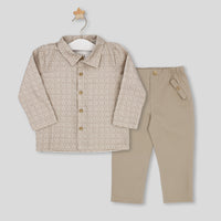 rapife boys brown check long sleeve shirt beige trousers flat lay hanger view