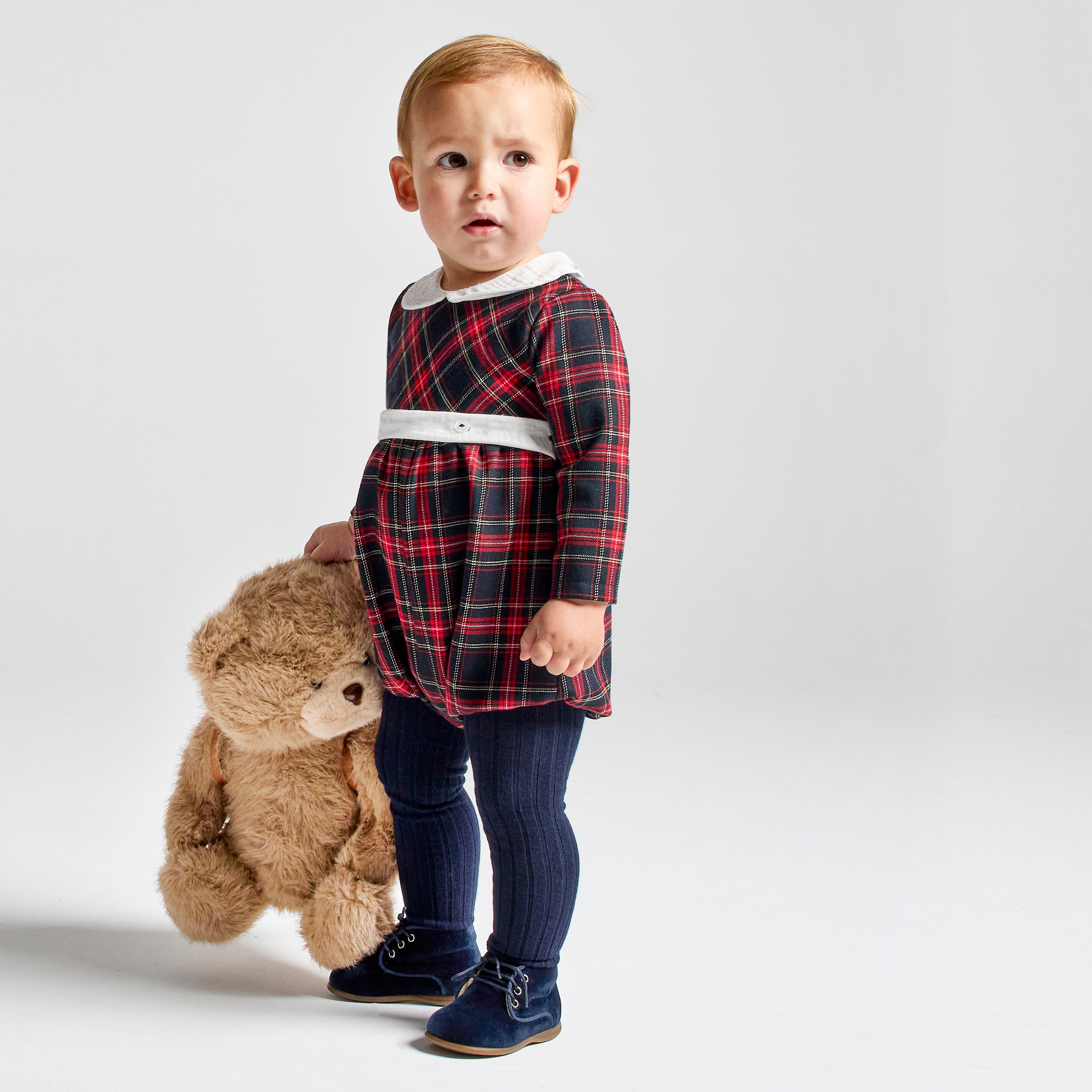 rapife boys navy red tartan romper model front view standing
