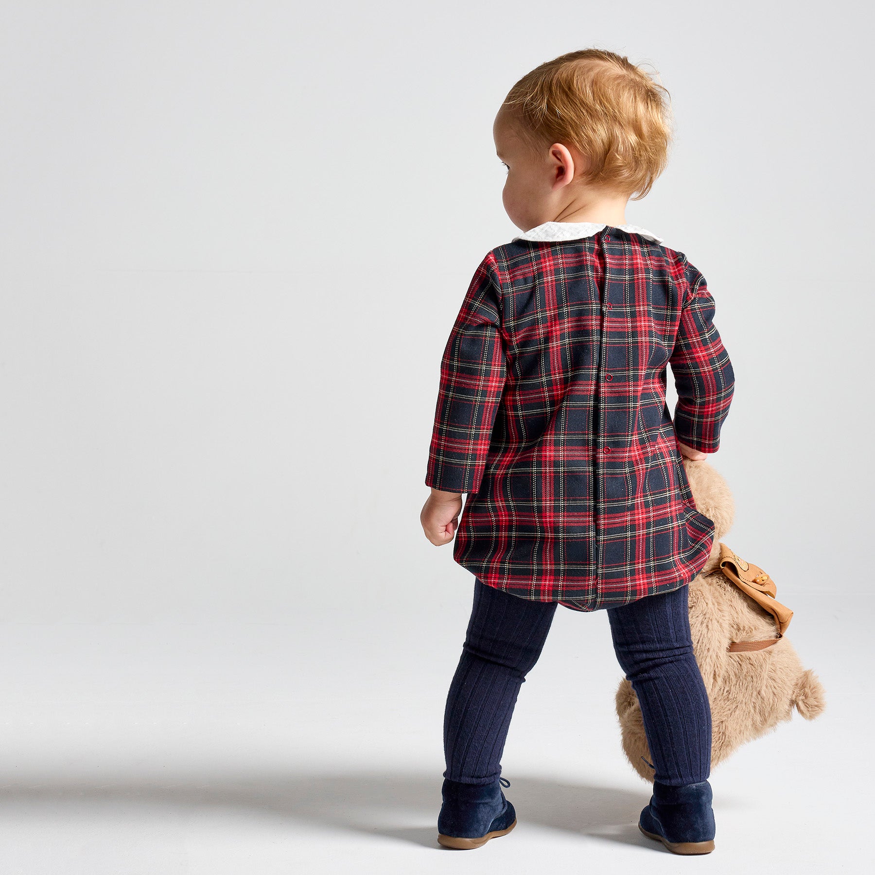rapife boys navy red tartan romper model back view standing