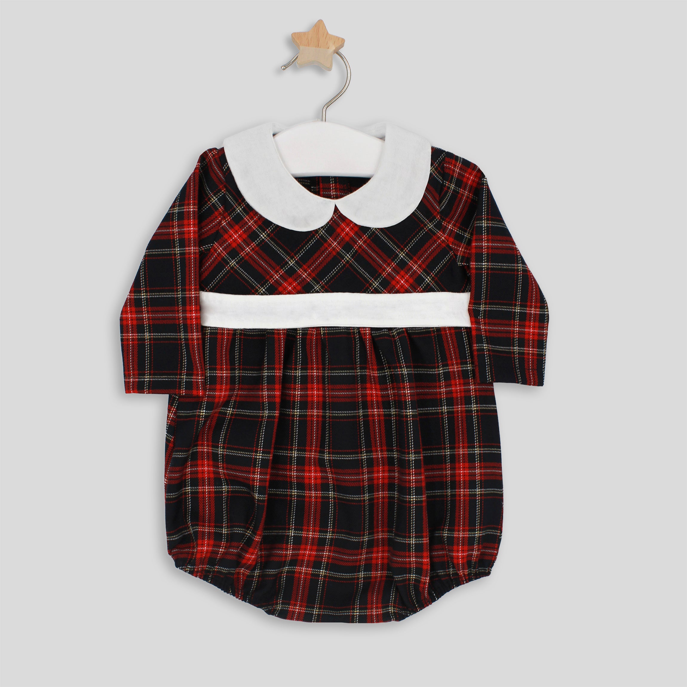 rapife boys navy tartan romper flat lay front view on hanger