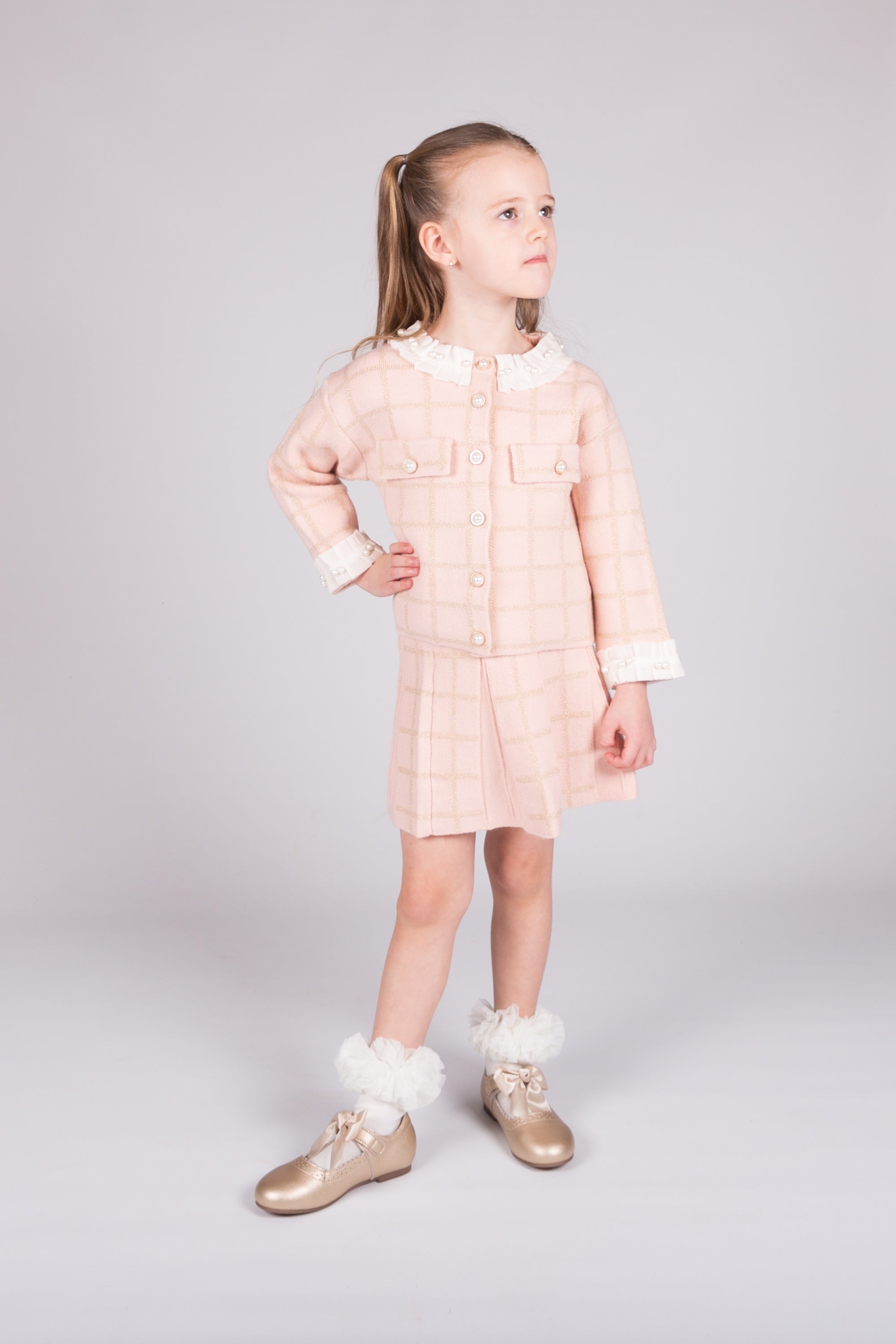Beau Kid girls pink skirt and top set with gold checkered design