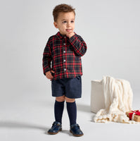 rapife boys red navy tartan shirt set model front view standing