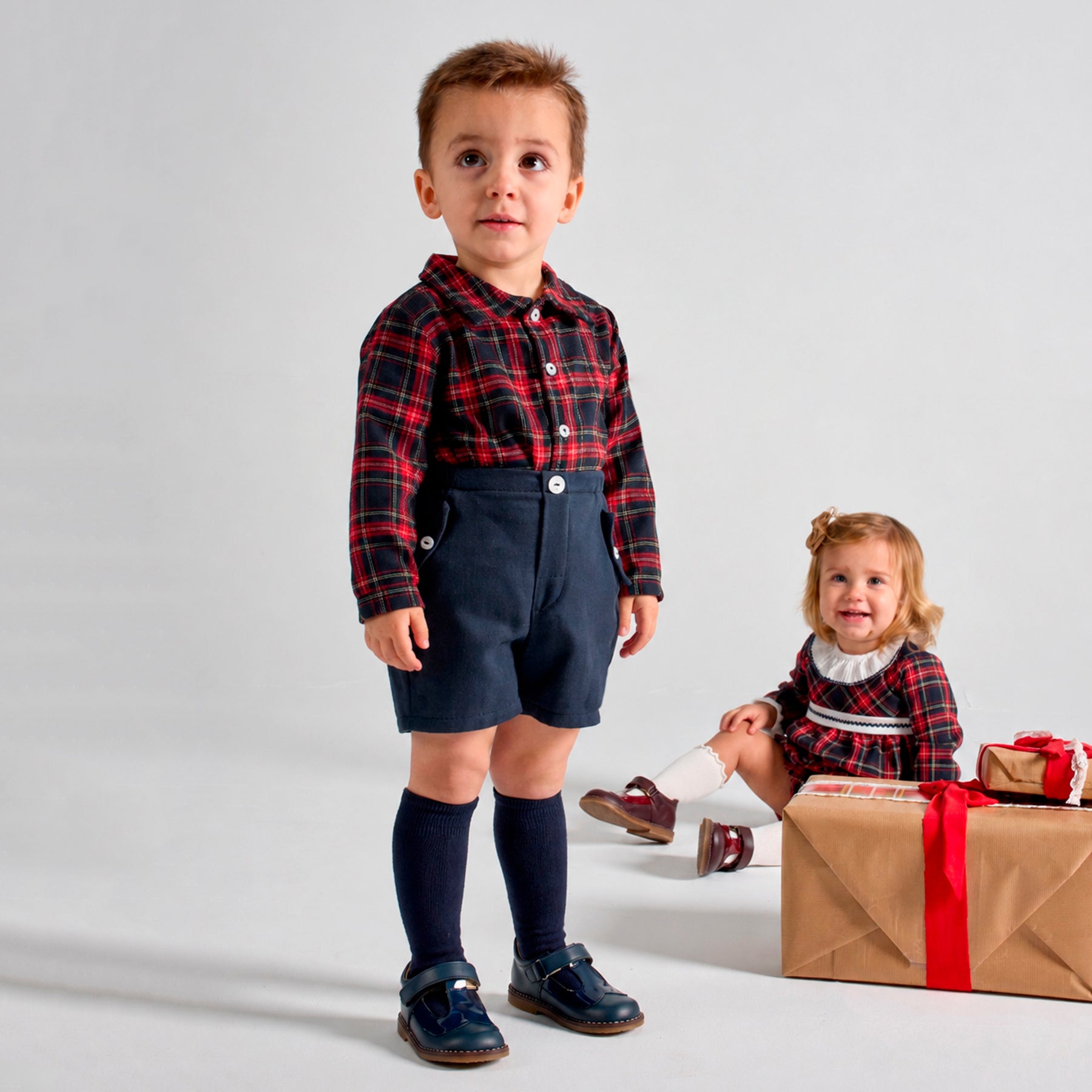 rapife boys red tartan shirt navy bermuda shorts model studio photo