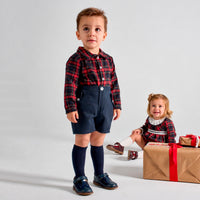 rapife boys red tartan shirt navy bermuda shorts model studio photo