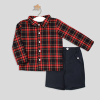 rapife boys red tartan shirt navy shorts set flat lay view on hanger
