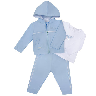 This boys blue three piece set by Amore is perfect for your little explorer. The set consists of a zip-up hooded jacket, white long sleeve top, and blue trousers with aeroplane embroidery on the top and hooded jacket. Available in sizes 0-3 months up to 18-24 months.