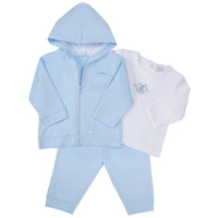 Amore branded boys blue three piece teddy embroidery jogger set offers classic style with a modern twist. This three piece set is finished in blue and features a hooded jacket, a white long sleeve top bearing an embroidered teddy. Available in sizes 0-3 months to 18-24 months.
