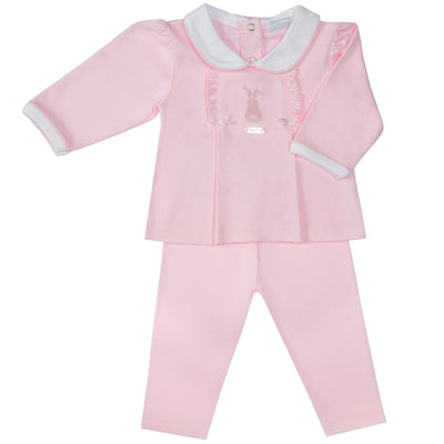 This Amore branded two-piece set for girls is the perfect choice for a special occasion. Adorned with pink bunny rabbit embroidery and frill details on either side, this set has a white collar for a classic and stylish look. Available in sizes from 0-3 months up to 18-24 months.