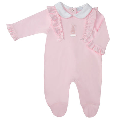 This pink all-in-one sleeper from Amore is perfect for your little girl. It features bunny rabbit embroidery and is available in sizes 0-3 months up to 6-9 months. Keep your baby comfy, cosy, and stylish.