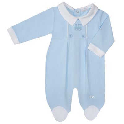 This Amore-branded sleepsuit is the perfect choice for your baby boy. Made from soft, breathable fabric, it features a fun train embroidery on the front, and is available in sizes 0-3 months up to 6-9 months. Comfortable and stylish.