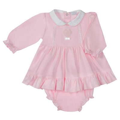 The charming Amore 'Girls Pink Little Bear Dress With Panties' provides a delightful experience for your little one. Crafted from soft and breathable fabric, it features a little bear embroidery to the front, and comes with matching panties for the perfect combination. Sizes range from 0-3 month up to 18-24 month.