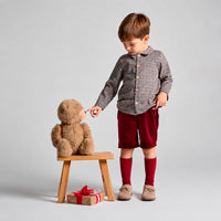 rapife boys burgundy check long sleeve shirt velvet shorts set model pointing at teddy
