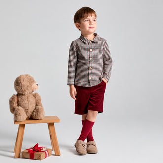 rapife boys burgundy check shirt and velvet shorts set model full length front view