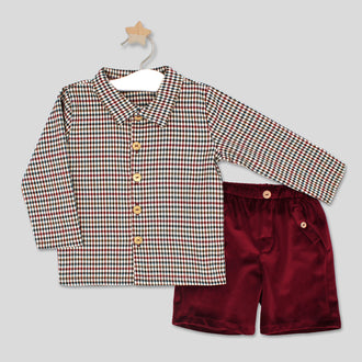 rapife boys burgundy check long sleeve shirt and velvet shorts flat lay front view