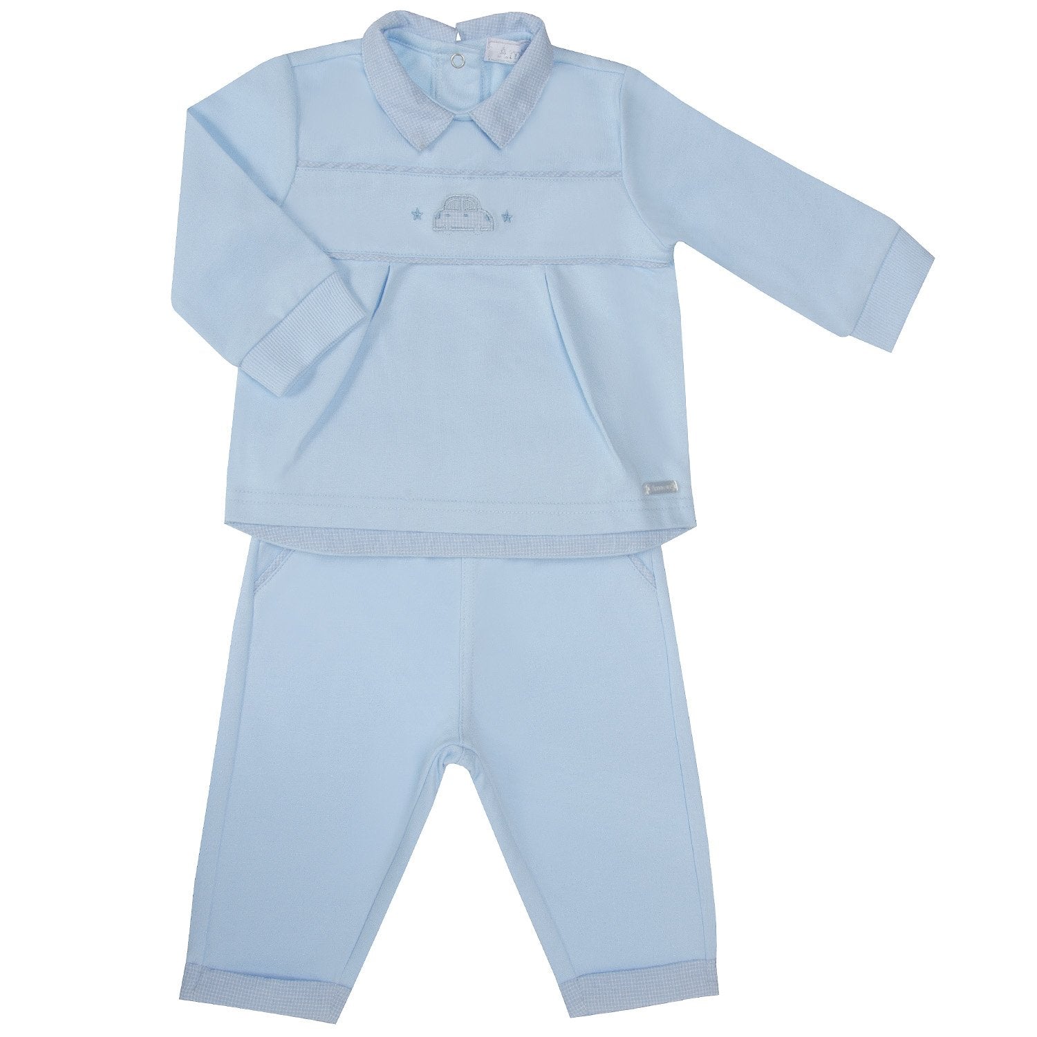 This Amore two-piece set for boys is perfect for all occasions. The long-sleeve top and elasticated waistband trousers come in shades of blue with fun car embroidery going through the middle. Available from size 0 to 3 months up to 18 to 24 months.