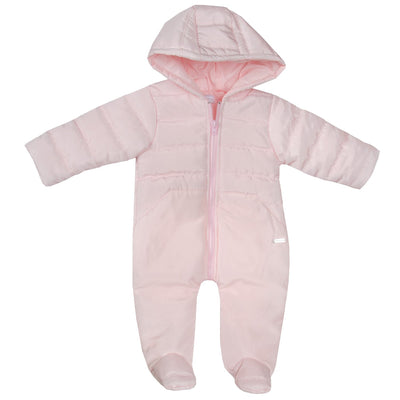 This Amore branded snowsuit is perfect for young girls. It is made of quality pink material for warmth and comfort and also has a hood. It features a zip fastening for easy on and off and closed feet to keep toes safe and warm. Available in sizes from 0-3 months up to 18-24 months.