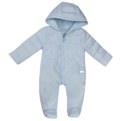 This Amore branded boys blue hooded snowsuit is designed to keep your boy warm while providing a fashionable look with its stylish hood and snug fit. Its closed feet and full-zip fastening make it perfect for cold weather - and sizes are available from 0-3 months to 18-24 months.