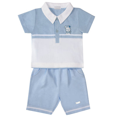 <p data-mce-fragment="1">This adorable two-piece set from Amore's boys spring/summer collection features a polo shirt and shorts with puppy embroidery. The top has a white collar and two-button fastening making it easy to take on and off your boy, and matching blue elasticated waistband shorts. This set is perfect for your little one. Available in sizes ranging from 0-3 months to 18-24 months.</p>