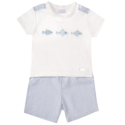 <p data-mce-fragment="1">This two piece set by children's clothing brand Amore, features a white round neck top with fish embroidery detail and striped detail on the shoulders, paired with blue striped shorts with an elasticated waistband. Available in sizes 0-3 month up to 18-24 month, it is a stylish and comfortable outfit for boys.</p>