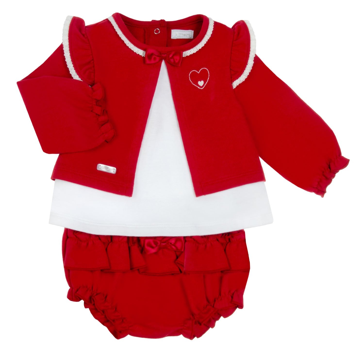 Get your little girl ready for the holiday season with our red and white top & jam pant set. This Amore branded outfit from our autumn winter collection features a long sleeve top with frill detail on the shoulders and a small bow on the neck. The set also includes red jam pants with a bow in the middle. This set completes the perfect Christmas day look. Available in sizes 0-3 months up to 18-24 months.