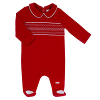 This Amore branded boys' red smocked sleeper from our autumn winter collection is designed to keep your little one comfortable and stylish. The smocked design adds a touch of elegance while the sleepsuit provides warmth and cosiness during the colder months. Available in sizes 0-3 month, 3-6 month, and 6-9 month.