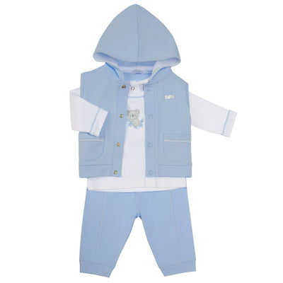 Introducing our new Amore branded boys three-piece set. The perfect choice for the colder seasons, this set features a blue hooded gilet, matching trousers, and a white long sleeve top with a cute koala motif. Available in sizes 0-3 months up to 18-24 months. Shop now and elevate your little one's wardrobe.